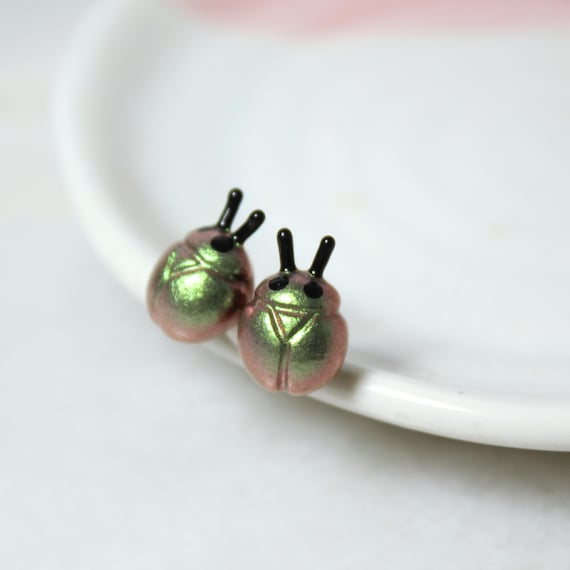 Iridescent Beetle Earrings - Bug Earrings - Goblincore Earrings - Titanium Earrings Studs