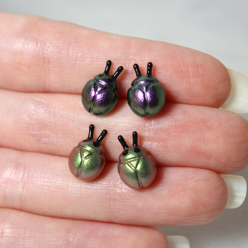 A hand holds two pairs of beetle stud earrings