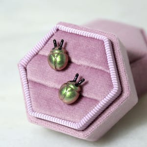 May include: A pair of iridescent green and pink beetle-shaped stud earrings with black antennae, presented in a pink velvet jewelry box. The earrings have a metallic sheen and are set against a soft, textured background.