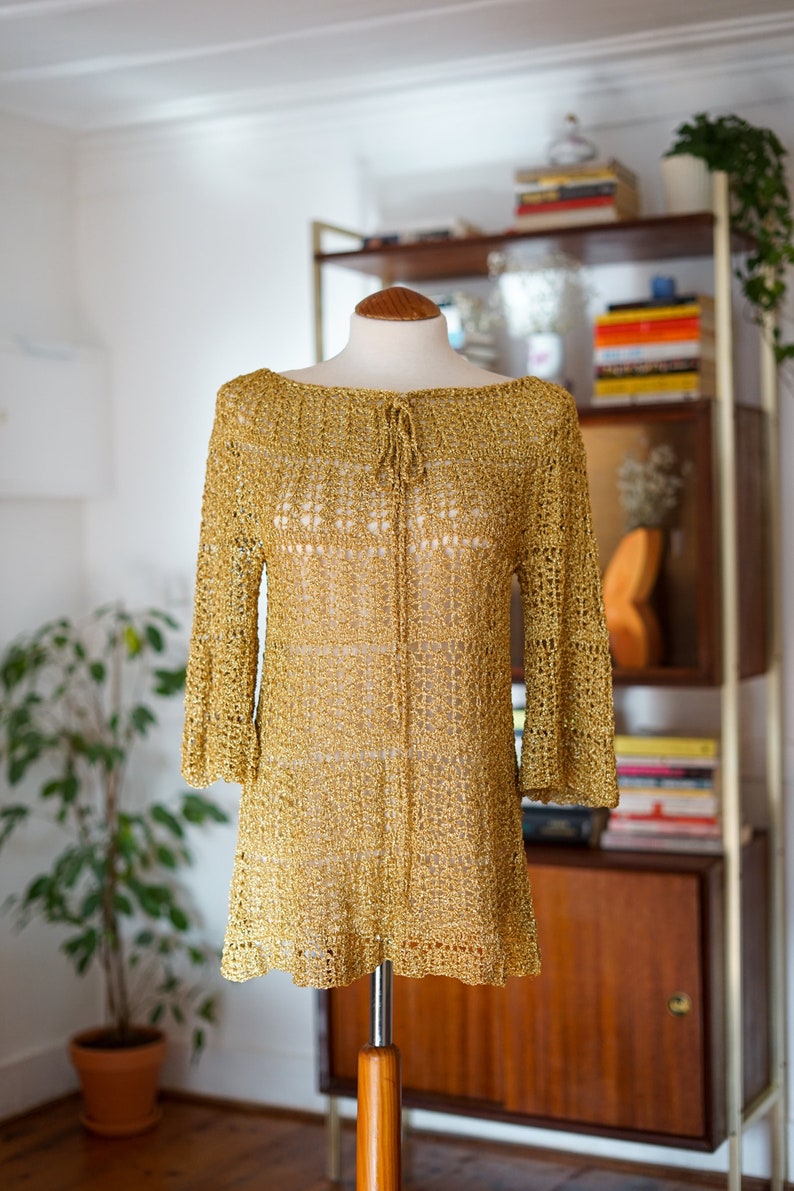 60s Hippie Golden Tunic / Janis Joplin Top / Vintage Boho Tunic / Woodstock / Flower Child image 2