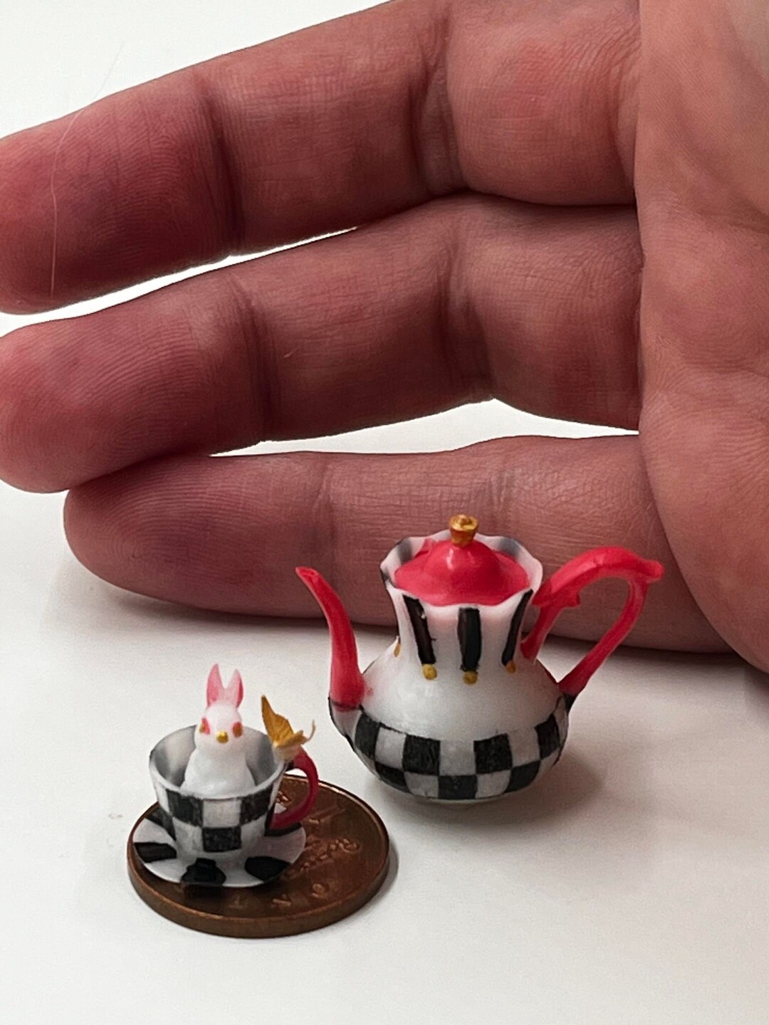 Whimsical Bunny in Teacup and Teapot Dolls House Miniature Hand Painted