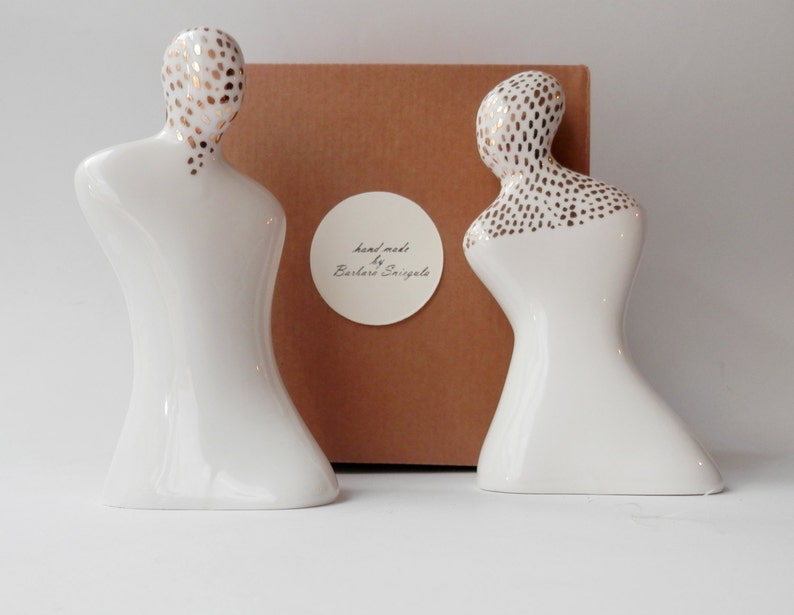 Ceramic Salt and Pepper Set, White Porcelain with Gold Paint, Handmade Ceramics and Pottery zdjęcie 2