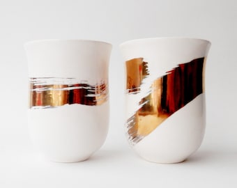 Set of 2 Ceramic Mugs with Gold Ribbon, Porcelain, White, Handmade Mugs, Unique ceramic gift