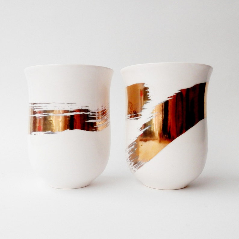 Set of 2 Ceramic Mugs with Gold Ribbon, Porcelain, White, Handmade Mugs, Unique ceramic gift zdjęcie 1