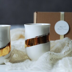 Set of 2 Ceramic Mugs with Gold Ribbon, Porcelain, White, Handmade Mugs, Unique ceramic gift zdjęcie 5