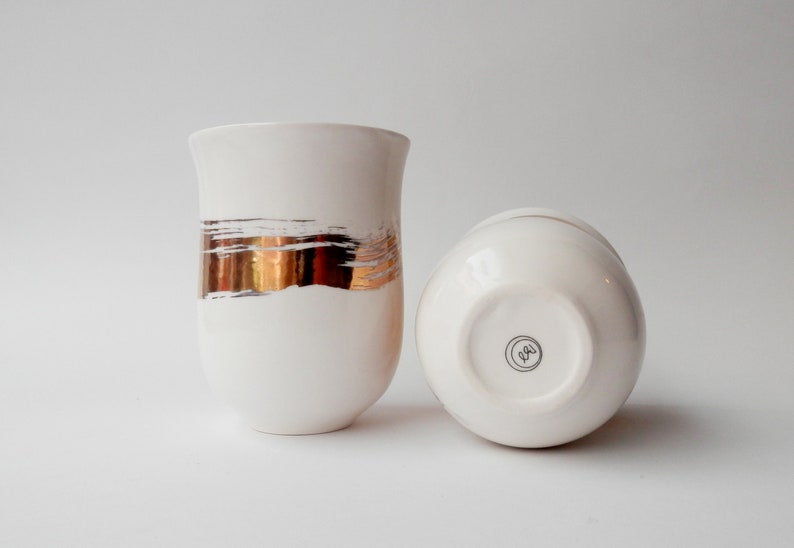 Set of 2 Ceramic Mugs with Gold Ribbon, Porcelain, White, Handmade Mugs, Unique ceramic gift zdjęcie 2