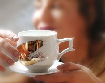 Tasse en porcelaine, Grande tasse à café, Tasse luxueuse, Cadeau fait main, Blanc et or, Ensemble de tasses à café, tasse avec soucoupes, grande tasse à thé, ensemble de deux