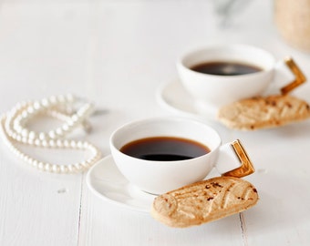 Ceramic Espresso Cups, Porcelain, White, Gold, Handmade Espresso Cups with Saucers