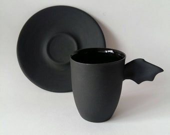 Black Espresso Cup,  Espresso Cup with Saucer, Black ceramics, Batman cup, Bat cup