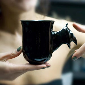 Black Bat Mug, Bat Coffee Mug, Halloween mug, Black Gothic Decor, Handmade Goth Ceramics, Halloween home decor, Unique mug,