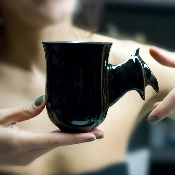 Handmade Black Bat Mug, Gothic Halloween Coffee Mug, Ceramic