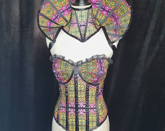 Embroidered Stained Glass 3-Piece Lingerie Corset Set