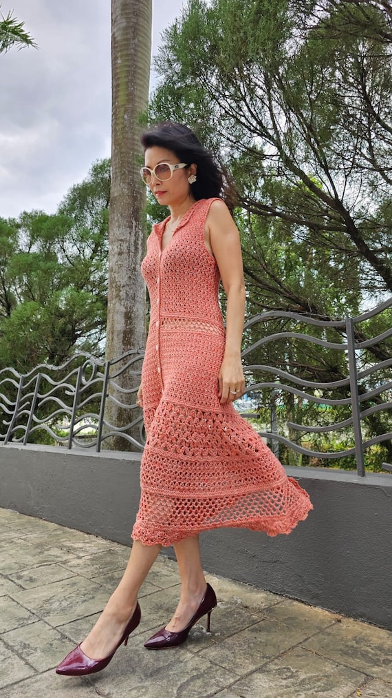 crochet button dress Crochet Button Front Collared Fringe Hem Dress