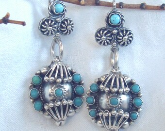 Turquoise & Silver Antique Etruscan Style Zuni Earrings