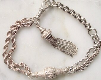 Antique Silver Bracelet - Albertine / Albertina Watch Chain Bracelet with Decorative Hasp, Fox Tail Tassel Fob & Dog Clip Clasp