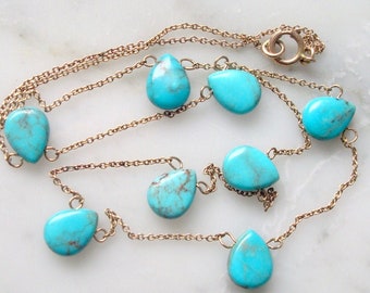 Turquoise & Gold Necklace -  Natural Turquoise Gemstones on a 10K Gold Chain