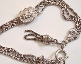 Antique Silver Bracelet  Albertine/Albertina Watch Chain Bracelet with Decorative Hasps, Tassel Fob & Large Spring Ring Clasp