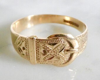 Gold Buckle Ring - All Gold Hallmarked Wedding Band or Right Hand Ring Size 7 1/2 - Easy to re-size