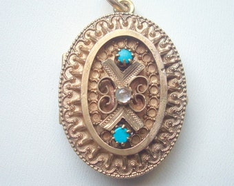 Etruscan Revival Victorian Antique Gilt Keepsake Locket w Two Natural Turquoise Gems flanking a centre Moonstone