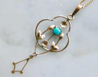 Antique ALL Gold Pendant & Chain-Art Nouveau 9K Gold Turquoise Gem Lavalier Necklace with 9K All Gold Chain