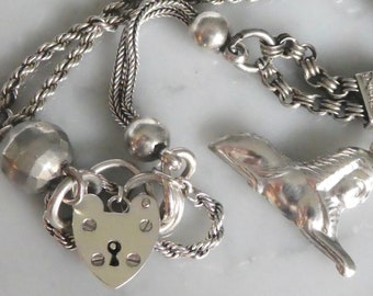 Antique Silver Bracelet - Albertine / Albertina Watch Chain Bracelet w Ball Hasps, Lion Fob and Heart Padlock Clasp with Safety Chain