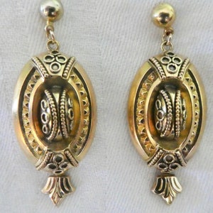 Antique Victorian Style Gold Earrings - Etruscan Revival Gilt and Gold Filled Earrings