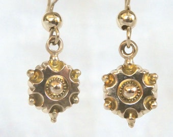 Antique Gold Earrings - All Gold Victorian Period Etruscan Drop Hook Earrings
