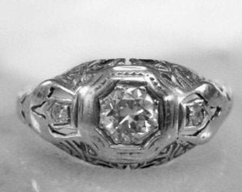 Antique Diamond Ring - 18k White Gold Art Deco Diamond Engagement, Anniversary, Wedding or Right Hand Ring .35 carats. Size 6 3/4 Sizable