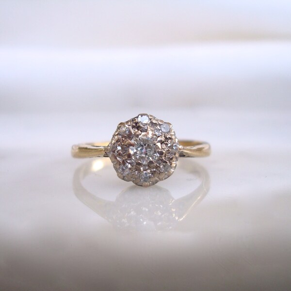 Antique Diamond Ring- Victorian .30 carat TCW Diamond Cluster, 9K Gold Engagement, Anniversary or Wedding Ring -Size 6