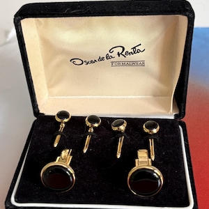Vintage Oscar De la Renta Cuff Links and Shirt sliding pin Studs black and gold set Formal Wear Cocktail attire