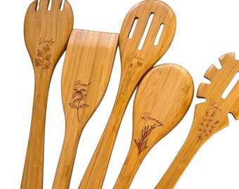 Herb Engraved Bamboo Cooking Utensil Set: Kitchen Decor Gift