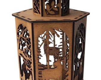 Deer Tree Lantern: Rustic Wood Nightlight, Nature Decor
