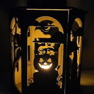 Halloween Lantern Graveyard Lantern Wood Lantern Spooky Candle Holder Fall Decor Pumpkin Lantern Nightlight Decorative Lighting