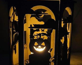 Halloween Graveyard Lantern: Spooky Wood Candle Holder, Fall Decor