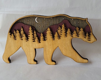 9" Layered Mountain Bear Art Laser Cut Bear Wall Art Decorative Bear Rustic Bear Wood Bear Shadow Box Forest Decoration Bear Gifts Cabin Art