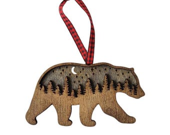 Laser Cut Black Bear Wood Ornament Christmas Ornament: Cabin Decor with Plaid Ribbon