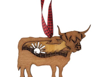 Laser Cut Highland Cow Ornament: Rustic Wood Farm Decor