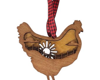 Laser Cut Chicken Ornament: Rustic Wood Farm Decor