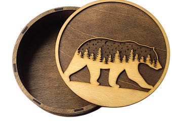 Laser cut Wood Bear Jewelry Box: Rustic Forest Decoration