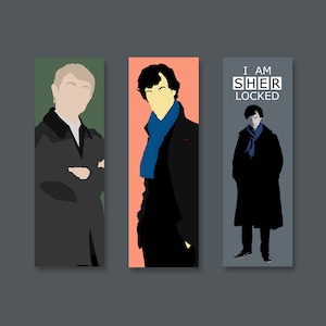 May include: Three colorful bookmarks featuring a cartoon illustration of a man in a black coat and a blue scarf. The text on the bookmark reads "I AM SHERLOCKED".