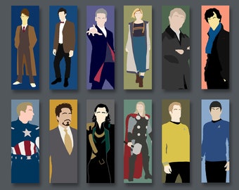 Geeky fandom bookmark: Doctor Who, Sherlock, Captain Kirk, Mr Spock, Loki, Thor