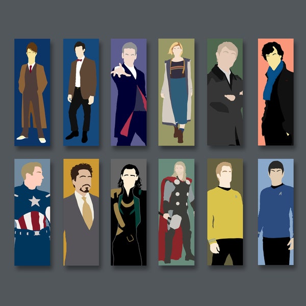 Geek bookmark | Doctor Who fandom 10th 11th 12th 13th book mark | Sherlock or John Watson | Star Trek Captain Kirk or Spock | Loki or Thor