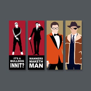 May include: Four illustrated figures in different styles, each with a quote below. The first figure is wearing a white baseball cap, a white shirt, and black pants. The quote below is "It's a bulldog innit?" The second figure is wearing a black suit, a white shirt, and a black tie. The quote below is "Manners maketh man." The third figure is wearing a red tuxedo jacket, a white shirt, and a black bow tie. The fourth figure is wearing a brown jacket, a blue vest, a white shirt, and a blue tie.