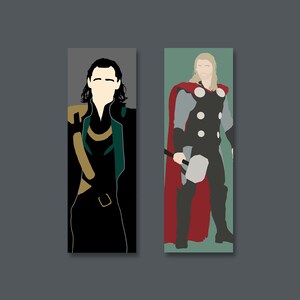 May include: Two minimalist illustrations of Marvel characters, Thor and Loki. Thor is depicted in his signature red cape and helmet, holding his hammer. Loki is shown in a green and black costume with a gold belt.