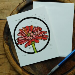 Zinnia, greetings card from an Original Linocut print with Watercolor, Vermont Artist