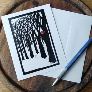 Vermont Trees Notecard, "I Heard a Bird Sing" Winter Notecard, blanco met envelop, digitale blokprint, briefpapier, kunstenaar Vermont