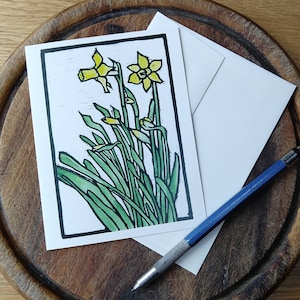 Daffodils, greetings card from an Original Linocut print with Watercolor, Vermont Artist