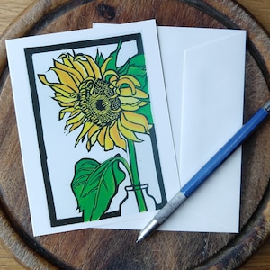 Tournesol, carte de voeux à partir d'une impression linogravure originale avec aquarelle, artiste du Vermont