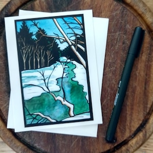 Río de invierno, tarjeta de felicitación a partir de una impresión original en linóleo con acuarela, artista de Vermont