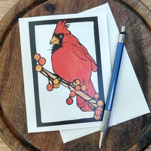 Red Cardinal, Grußkarte von einem Original Linoldruck Aquarell, Vermont Artist